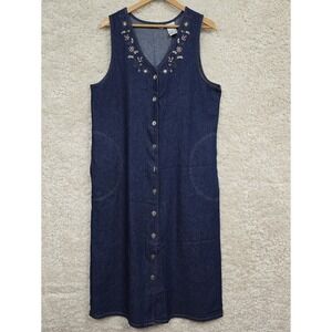 White Stag Womens Blue Denim Embroidered Snap Dress Large Western Modest Midi